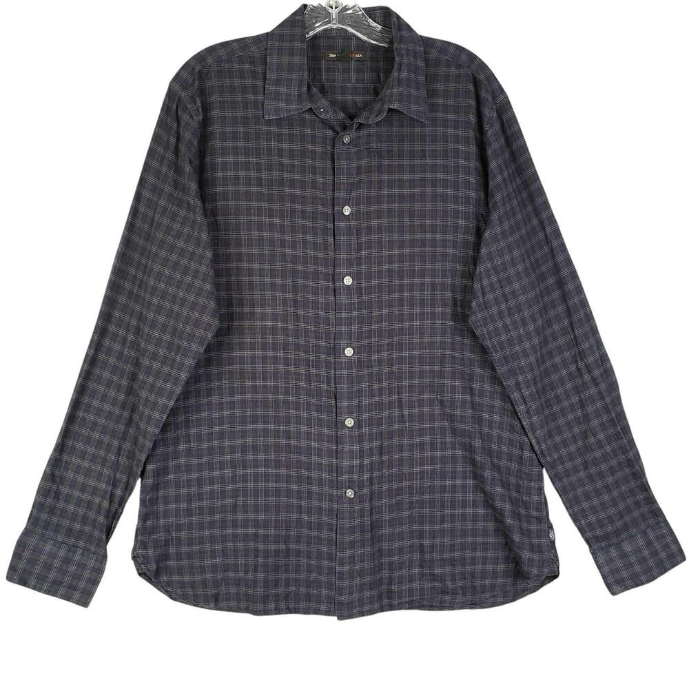 John Varvatos Shirt Long Sleeve Button Up Navy Blue Plaid Men's Size Large L